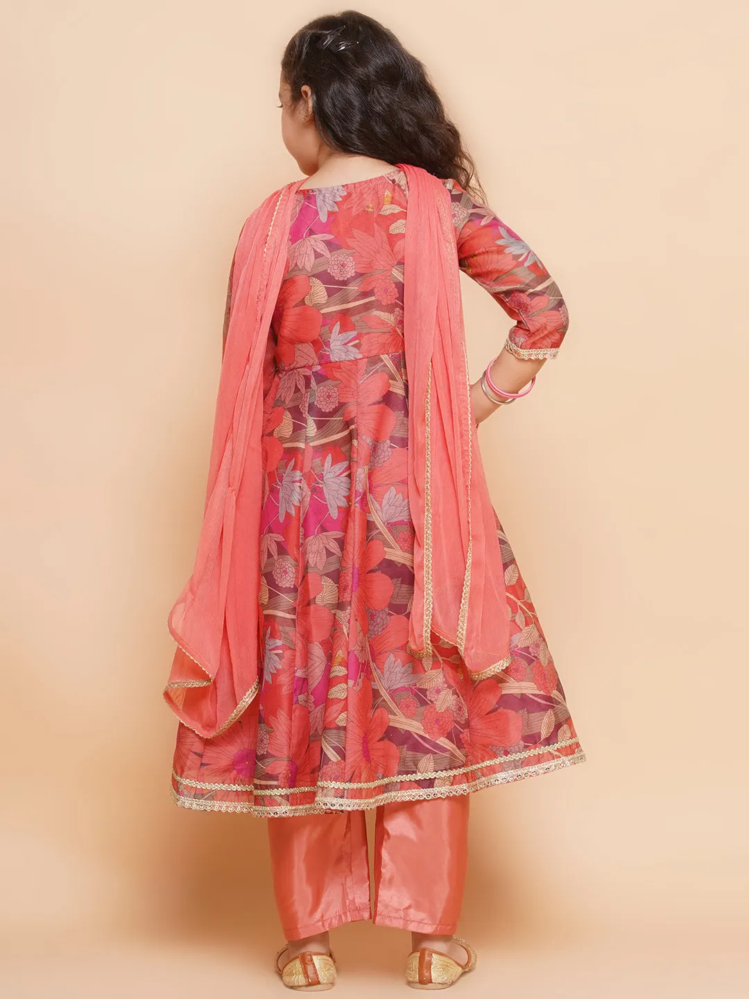 Jashvi Girls Peach Floral Printed Kurta with Pant & Dupatta