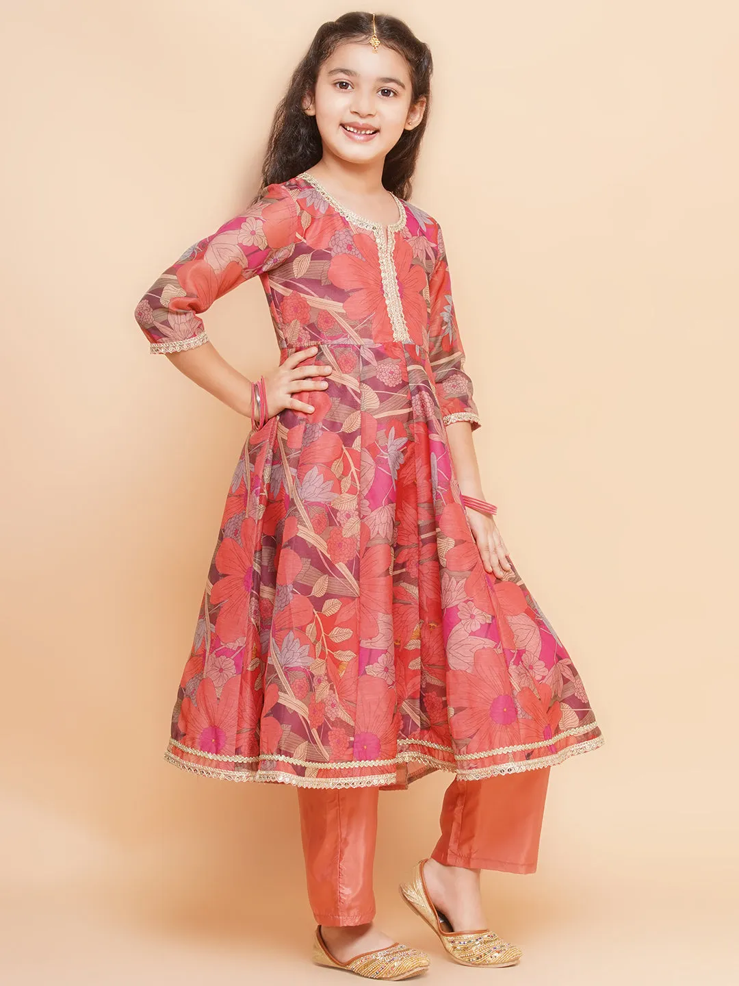 Jashvi Girls Peach Floral Printed Kurta with Pant & Dupatta