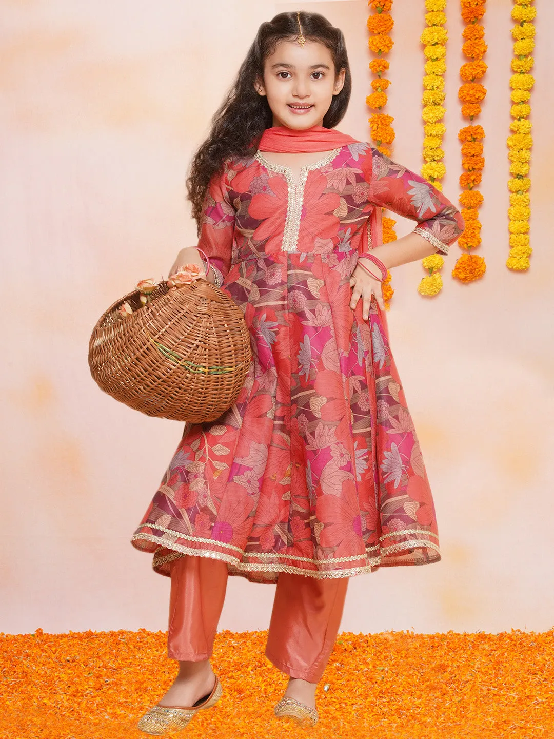 Jashvi Girls Peach Floral Printed Kurta with Pant & Dupatta