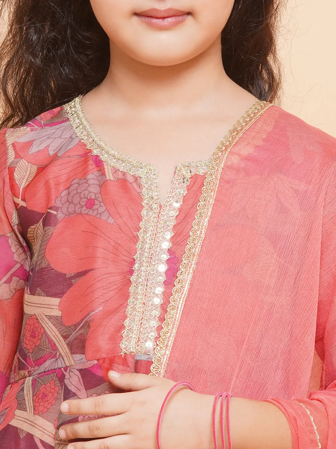 Jashvi Girls Peach Floral Printed Kurta with Pant & Dupatta