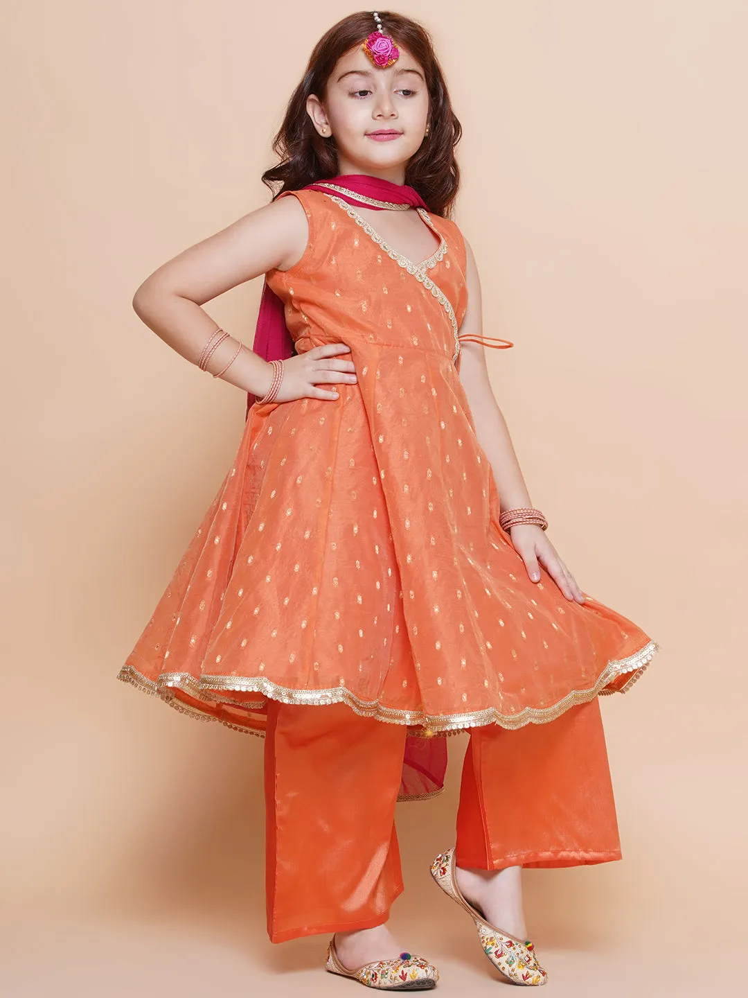 Jashvi Girls Peach Orange booti Angrakha Gotta Patti Kurta & Trousers set With Dupatta