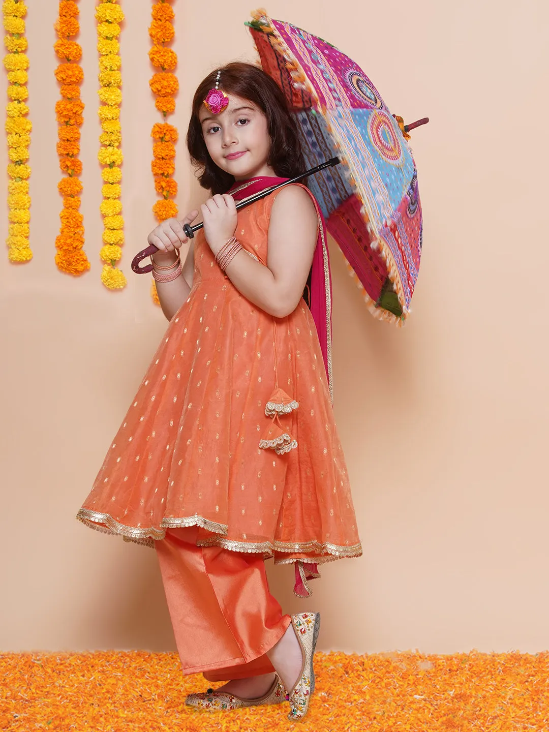 Jashvi Girls Peach Orange booti Angrakha Gotta Patti Kurta & Trousers set With Dupatta