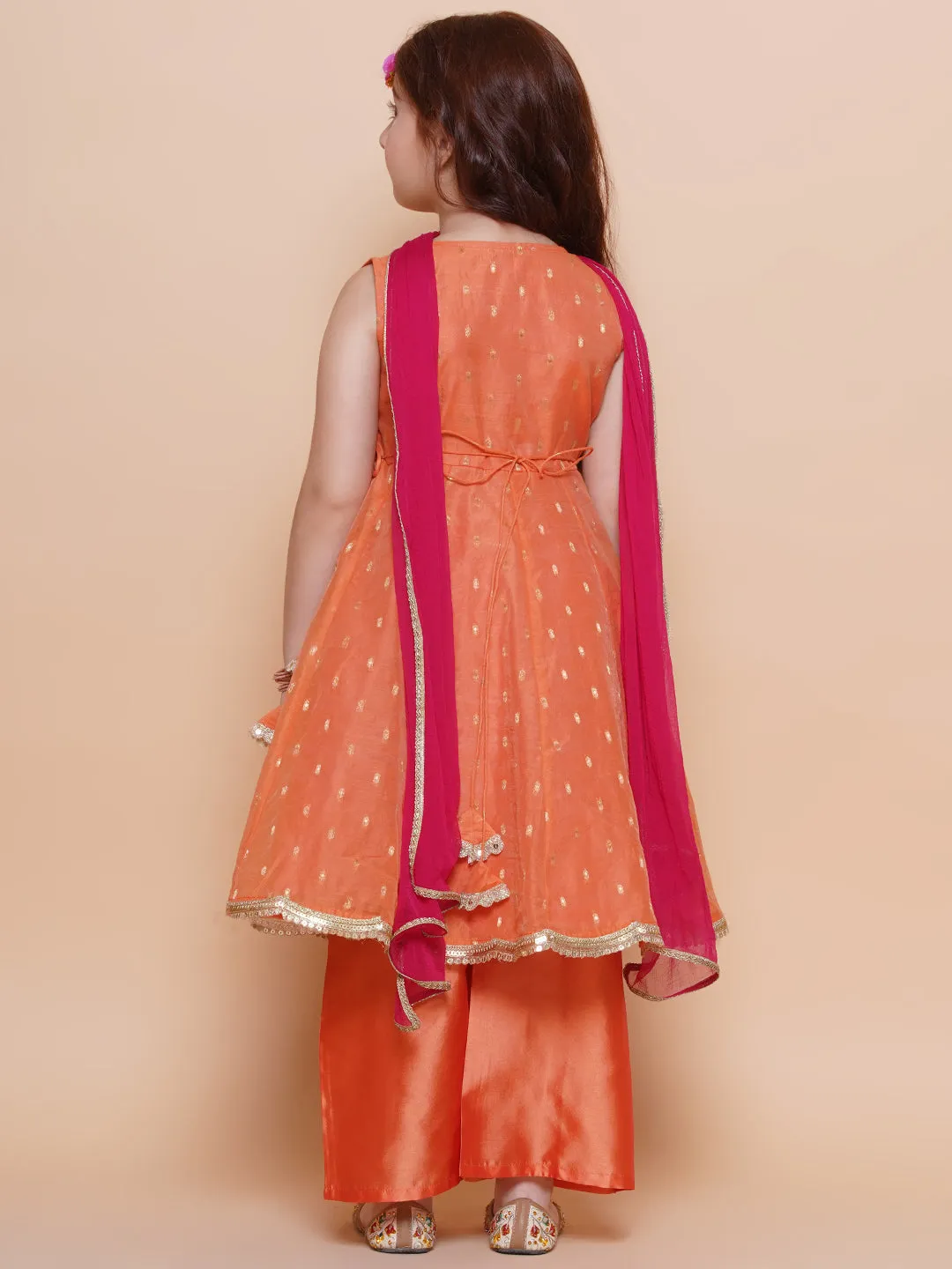 Jashvi Girls Peach Orange booti Angrakha Gotta Patti Kurta & Trousers set With Dupatta