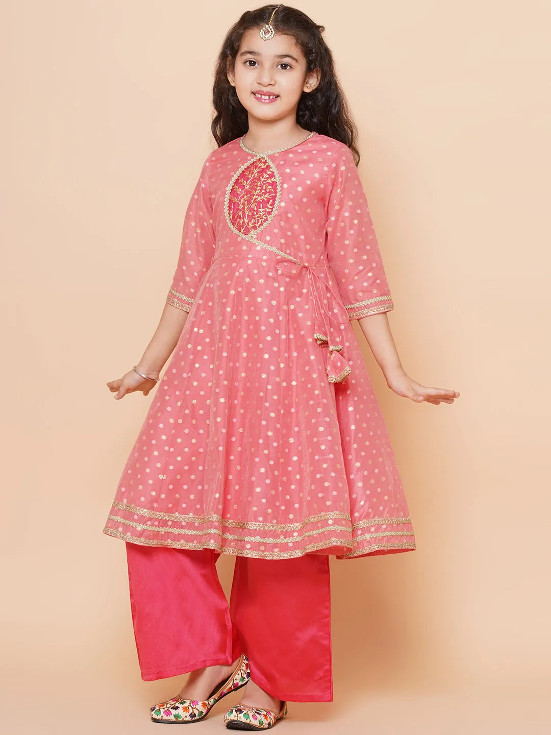 Jashvi Girls Peach Self design Booti Angrakha Gotta Patti Kurta & with Trouser  & Dupatta