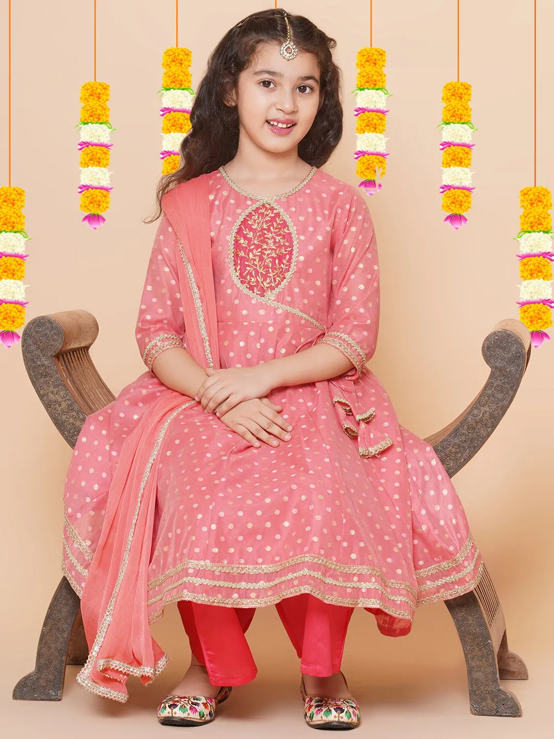 Jashvi Girls Peach Self design Booti Angrakha Gotta Patti Kurta & with Trouser  & Dupatta