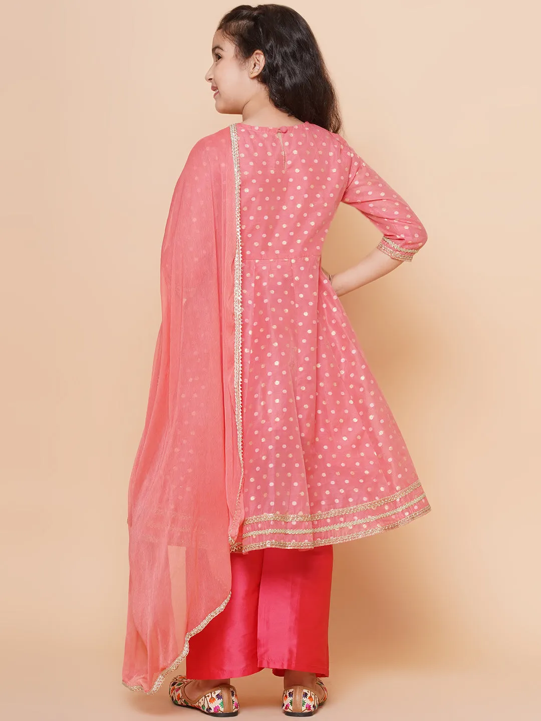 Jashvi Girls Peach Self design Booti Angrakha Gotta Patti Kurta & with Trouser  & Dupatta