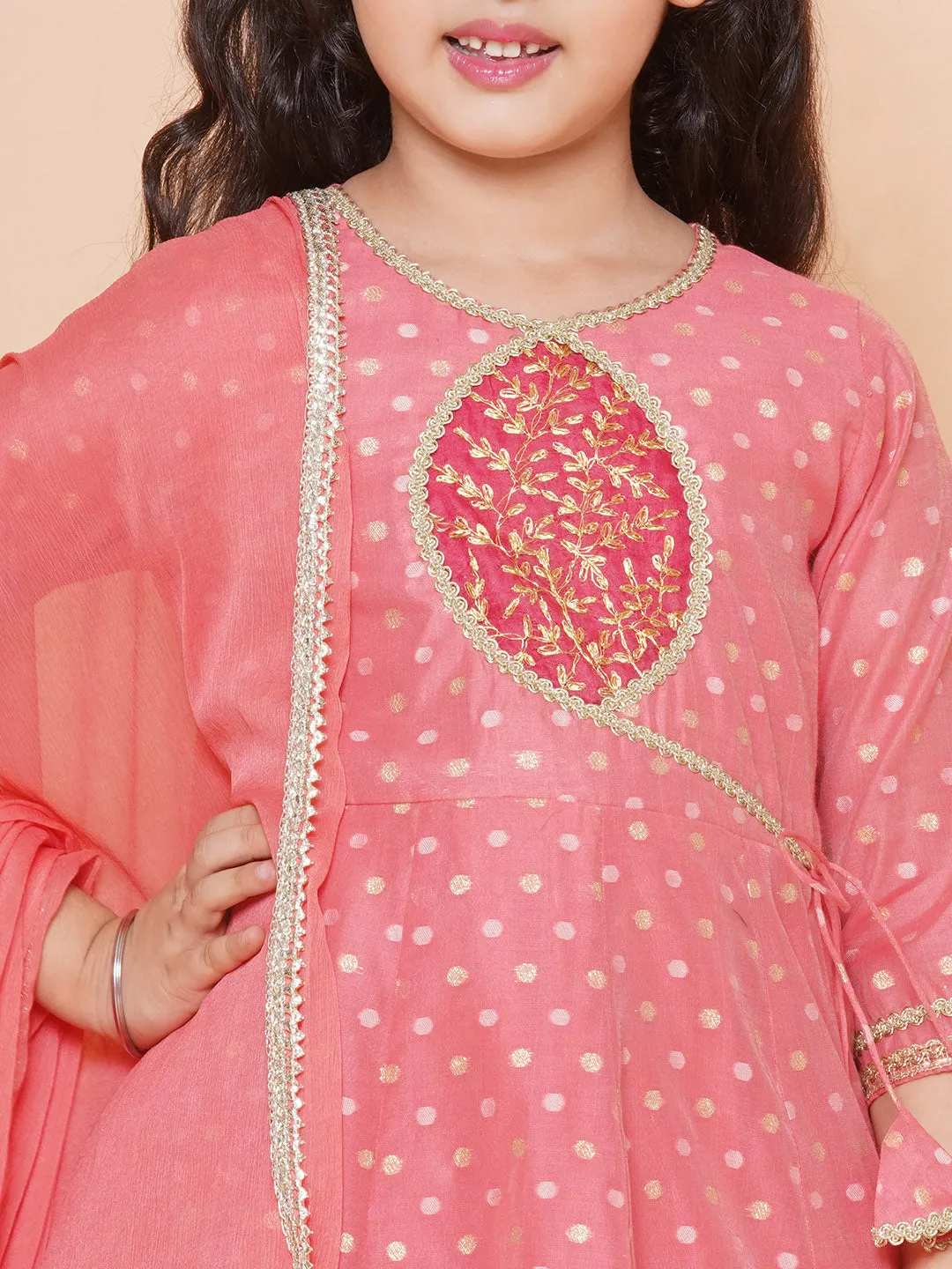 Jashvi Girls Peach Self design Booti Angrakha Gotta Patti Kurta & with Trouser  & Dupatta