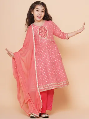 Jashvi Girls Peach Self design Booti Angrakha Gotta Patti Kurta & with Trouser  & Dupatta