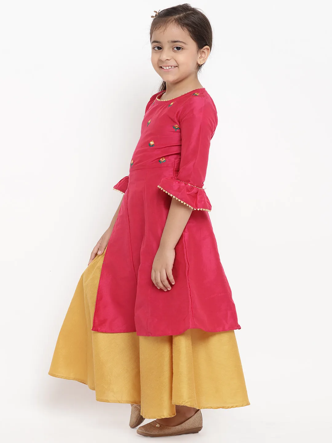 Jashvi Girls Pink & Yellow Embroidered Kurta With Skirt