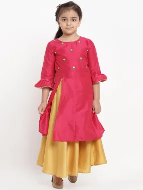 Jashvi Girls Pink & Yellow Embroidered Kurta With Skirt