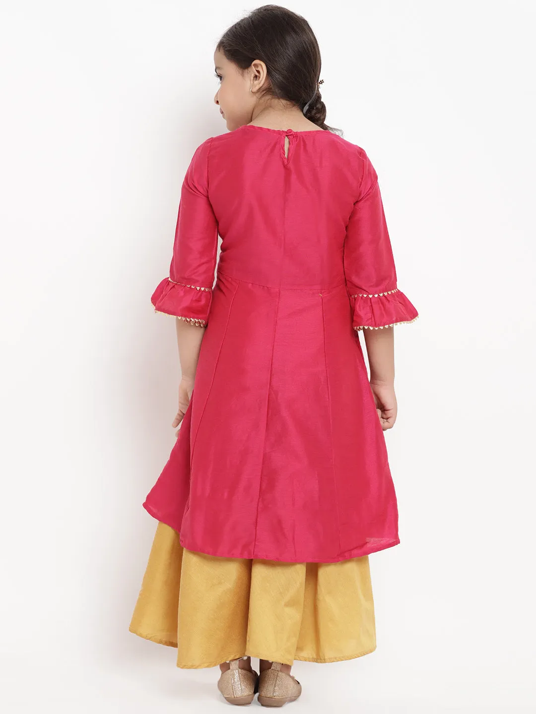 Jashvi Girls Pink & Yellow Embroidered Kurta With Skirt