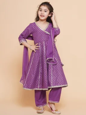 Jashvi Girls Purple Ethnic Motifs foil Printed Angrakha Kurta with Trouser  & Dupatta