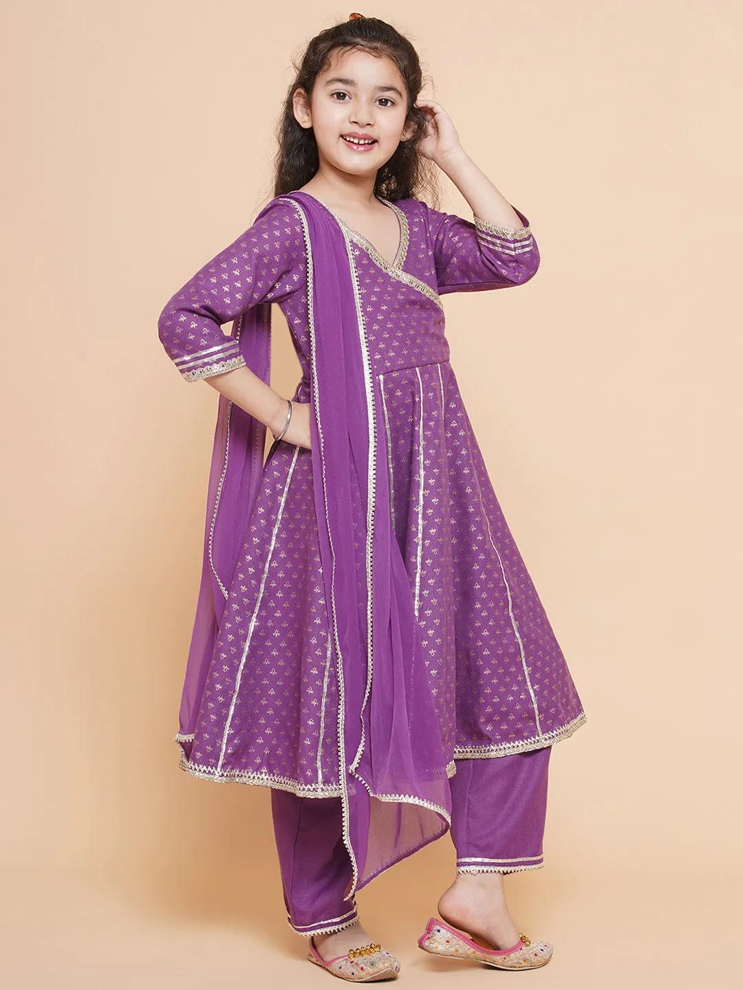 Jashvi Girls Purple Ethnic Motifs foil Printed Angrakha Kurta with Trouser  & Dupatta