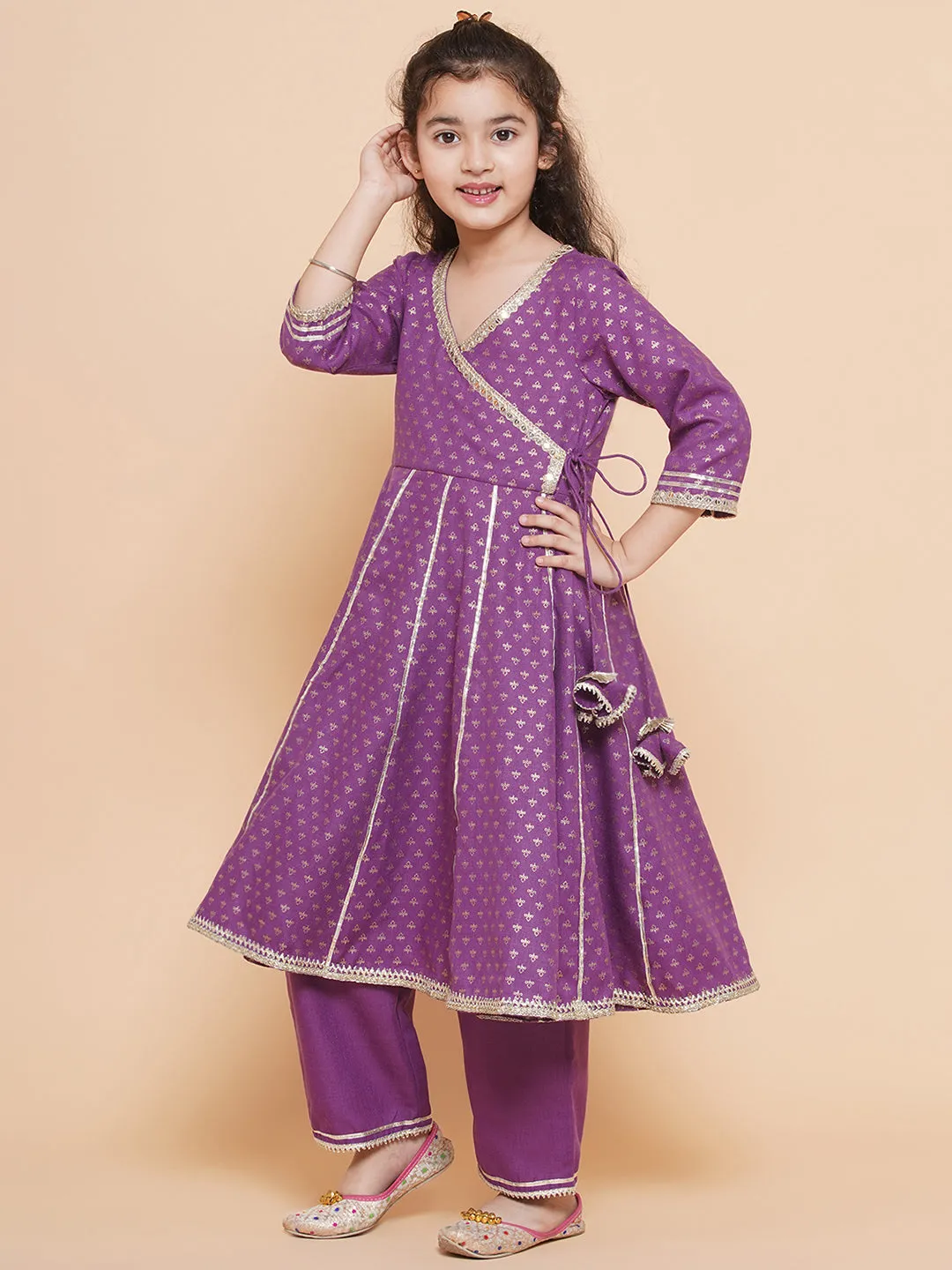 Jashvi Girls Purple Ethnic Motifs foil Printed Angrakha Kurta with Trouser  & Dupatta