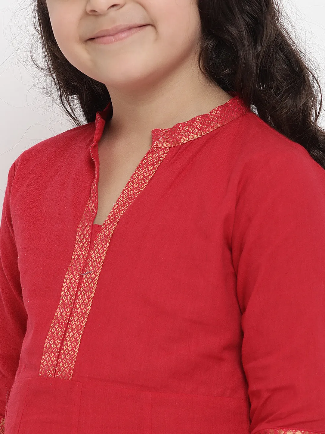 Jashvi Girls Red Pure Cotton Kurti with Palazzos