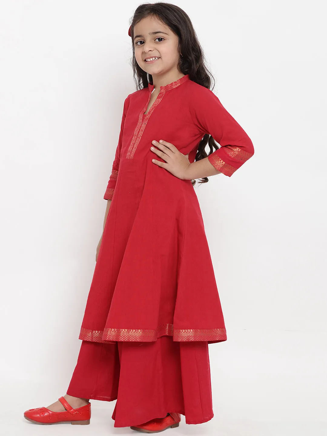 Jashvi Girls Red Pure Cotton Kurti with Palazzos