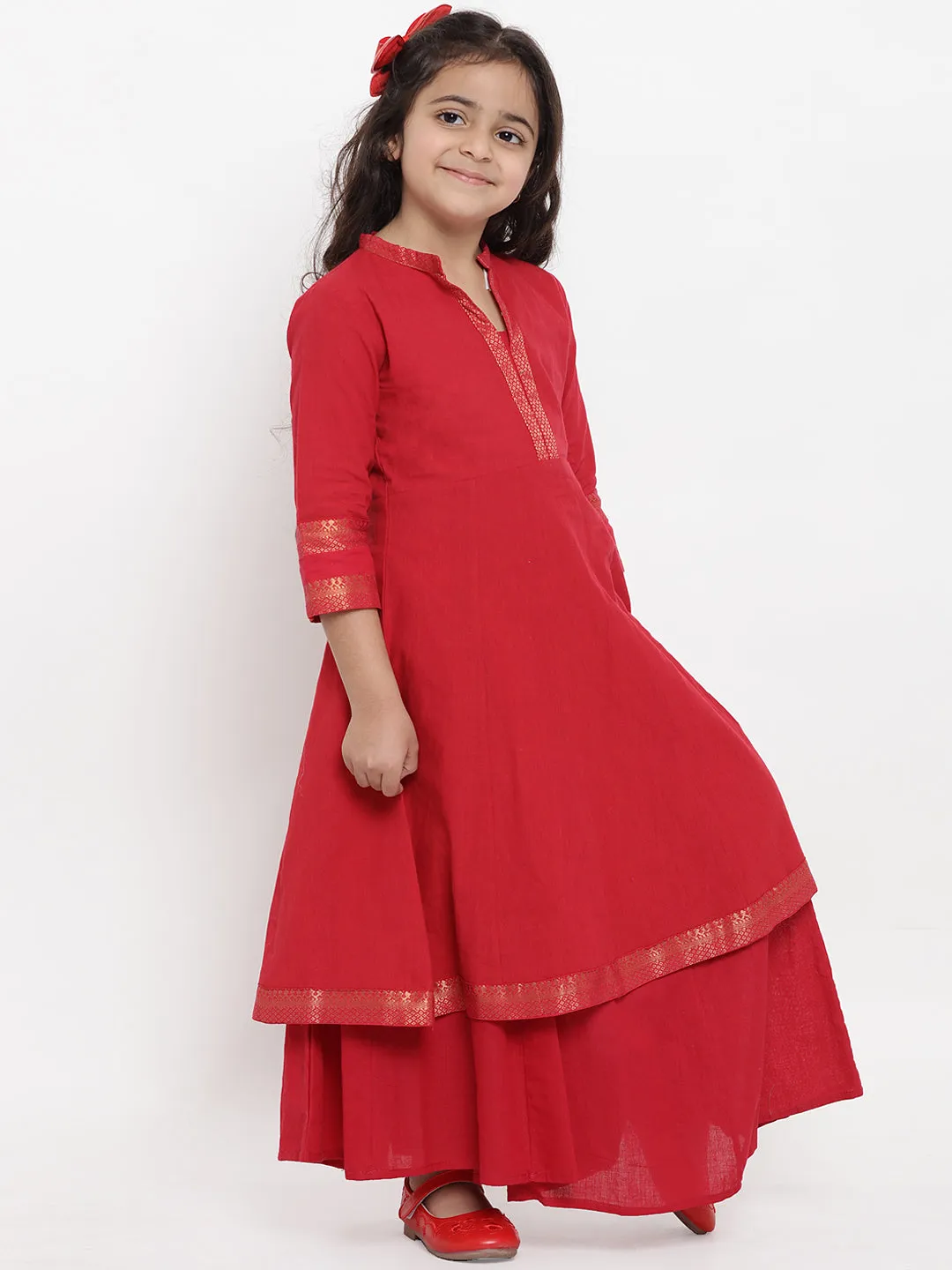 Jashvi Girls Red Pure Cotton Kurti with Palazzos