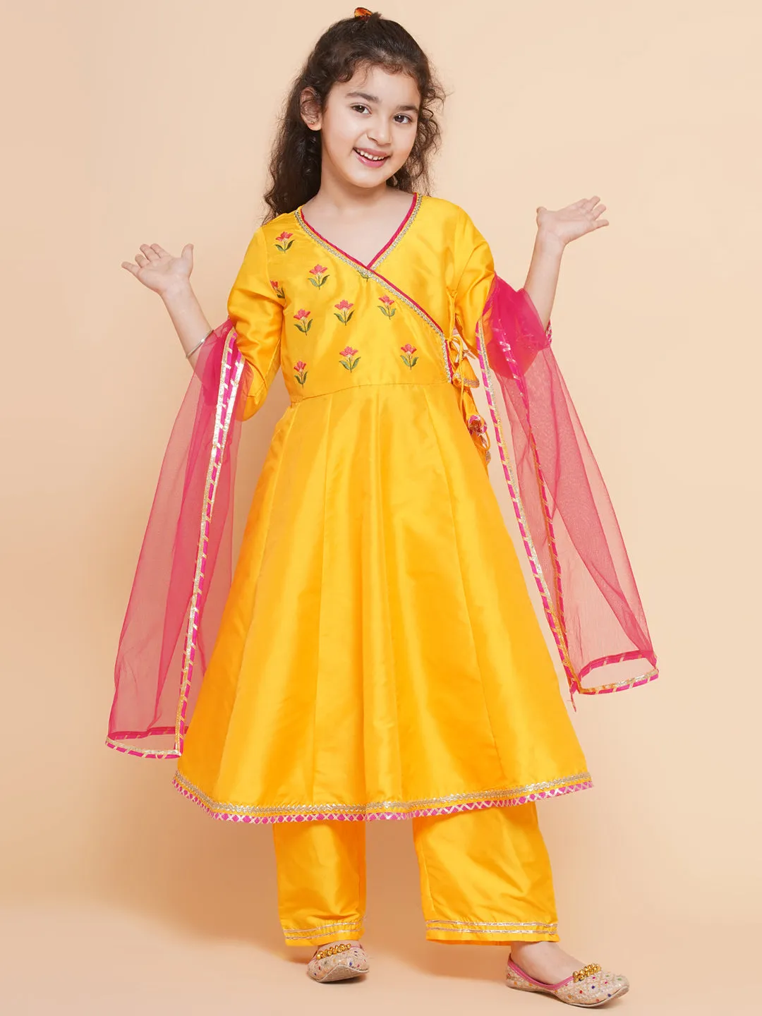 Jashvi Girls Yellow Embroidered Angrakha Kurta With Trousers & Dupatta