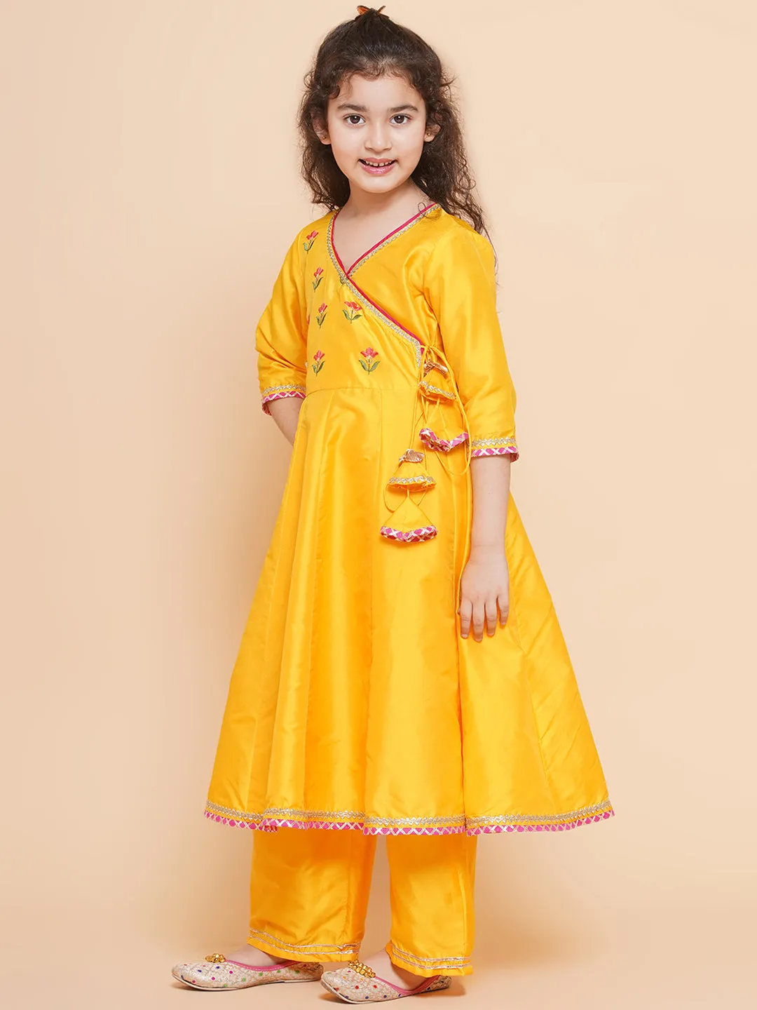 Jashvi Girls Yellow Embroidered Angrakha Kurta With Trousers & Dupatta