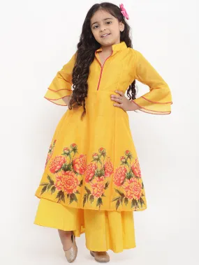 Jashvi Girls Yellow Printed Kurta With Palazzos