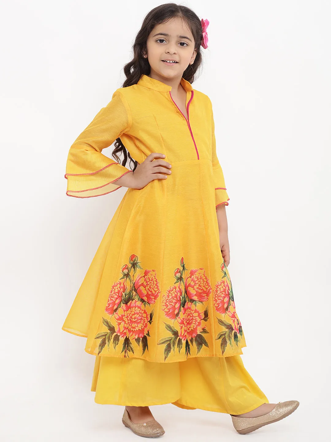 Jashvi Girls Yellow Printed Kurta With Palazzos