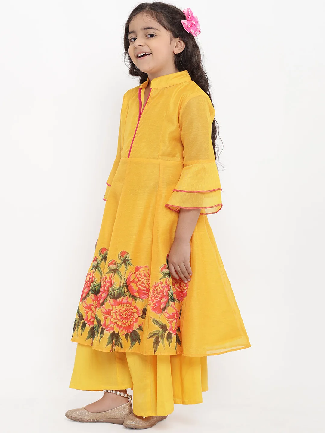 Jashvi Girls Yellow Printed Kurta With Palazzos