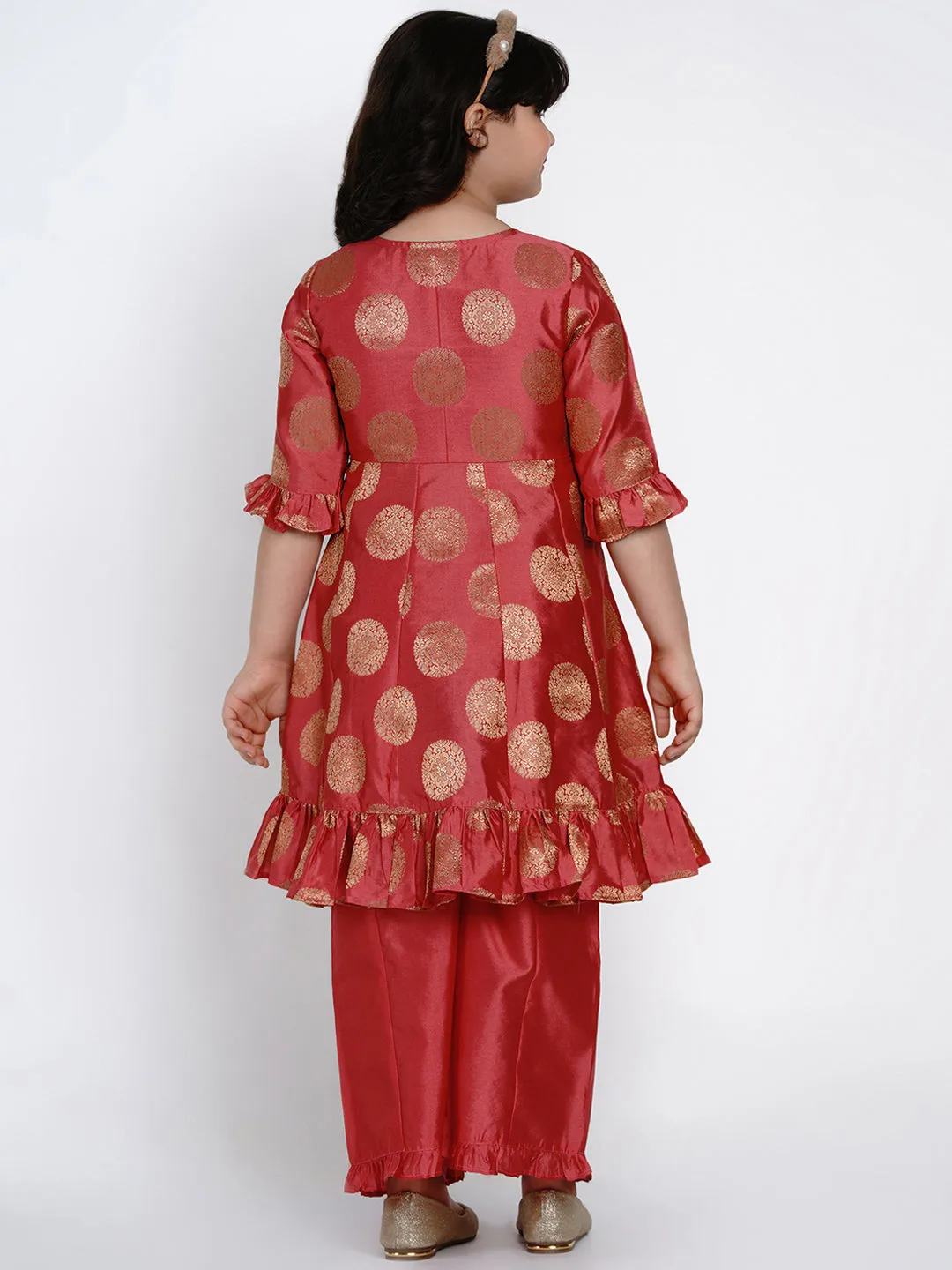 Jashvi Peach Round Neck Kurta With Palazzos