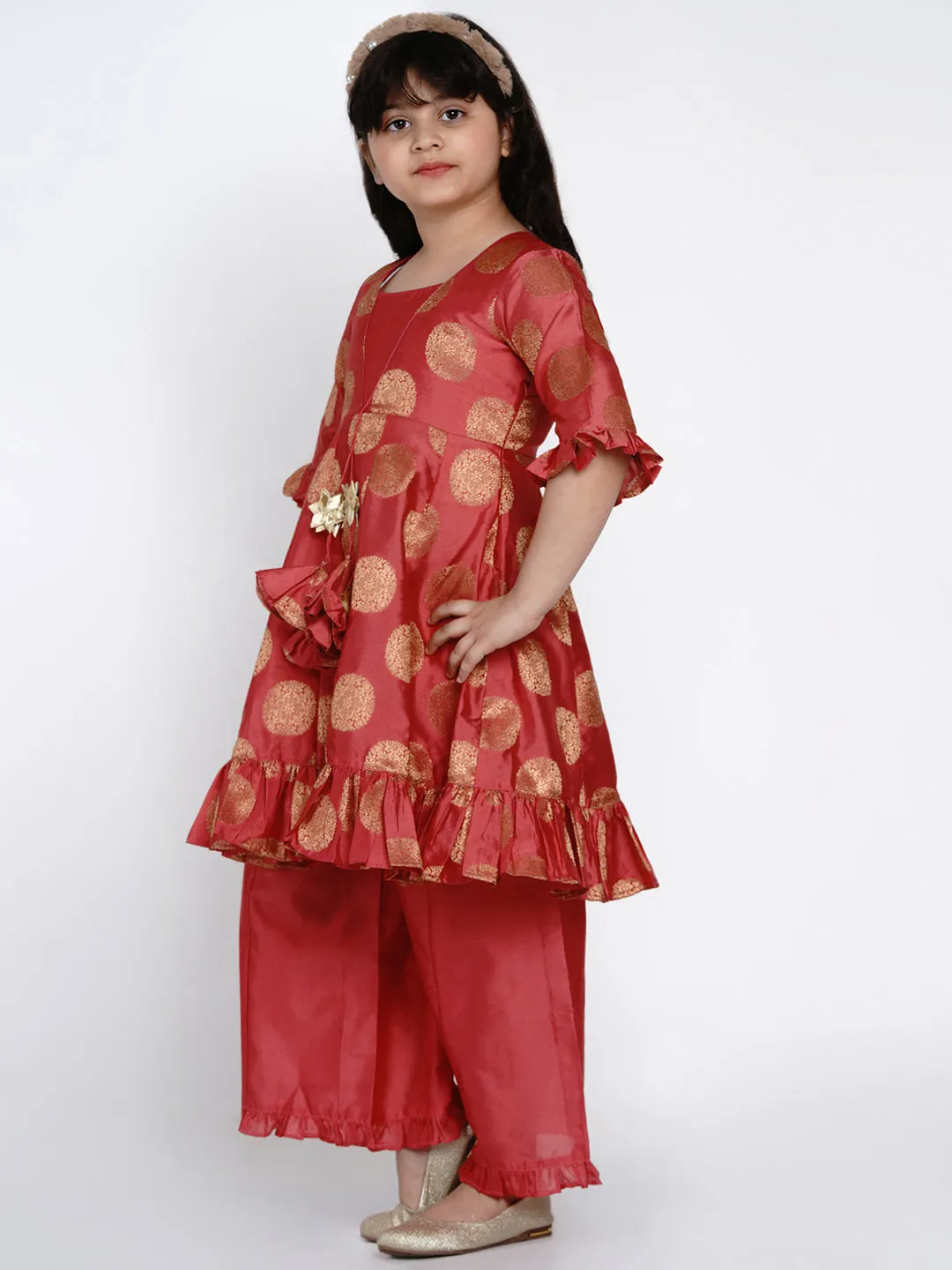 Jashvi Peach Round Neck Kurta With Palazzos