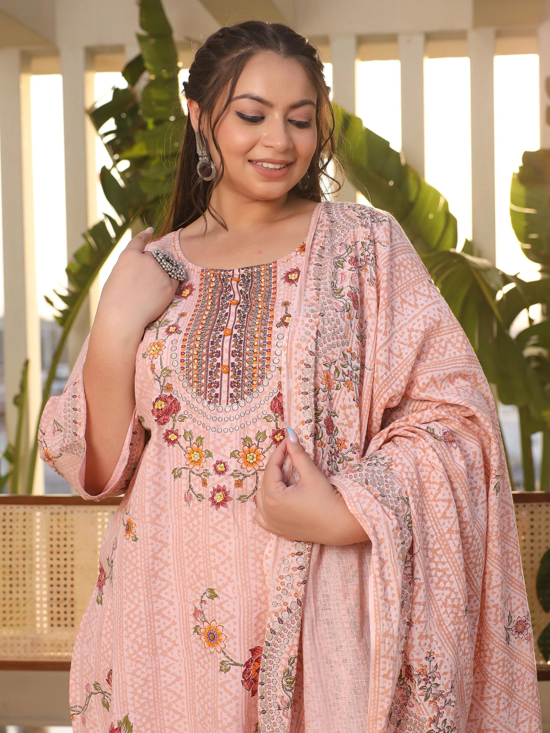 Jashvi Pink Floral & Ethnic Motif Printed Cotton Cambric Plus Size Kurta Pants & Dupatta Set With Beads & Sequins (3-Pcs)