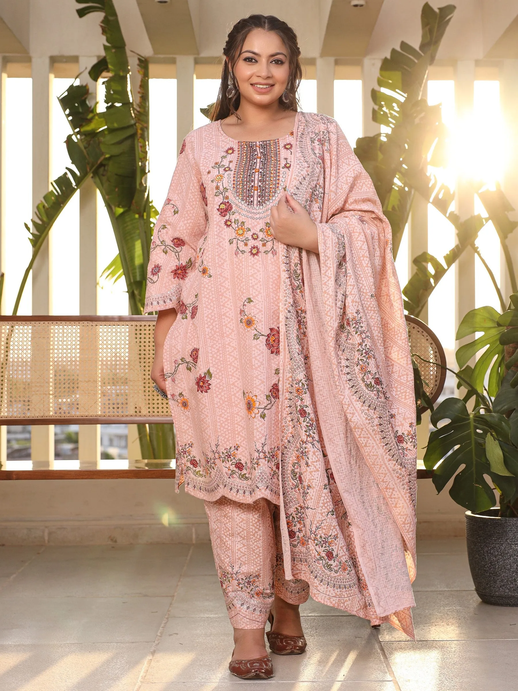 Jashvi Pink Floral & Ethnic Motif Printed Cotton Cambric Plus Size Kurta Pants & Dupatta Set With Beads & Sequins (3-Pcs)