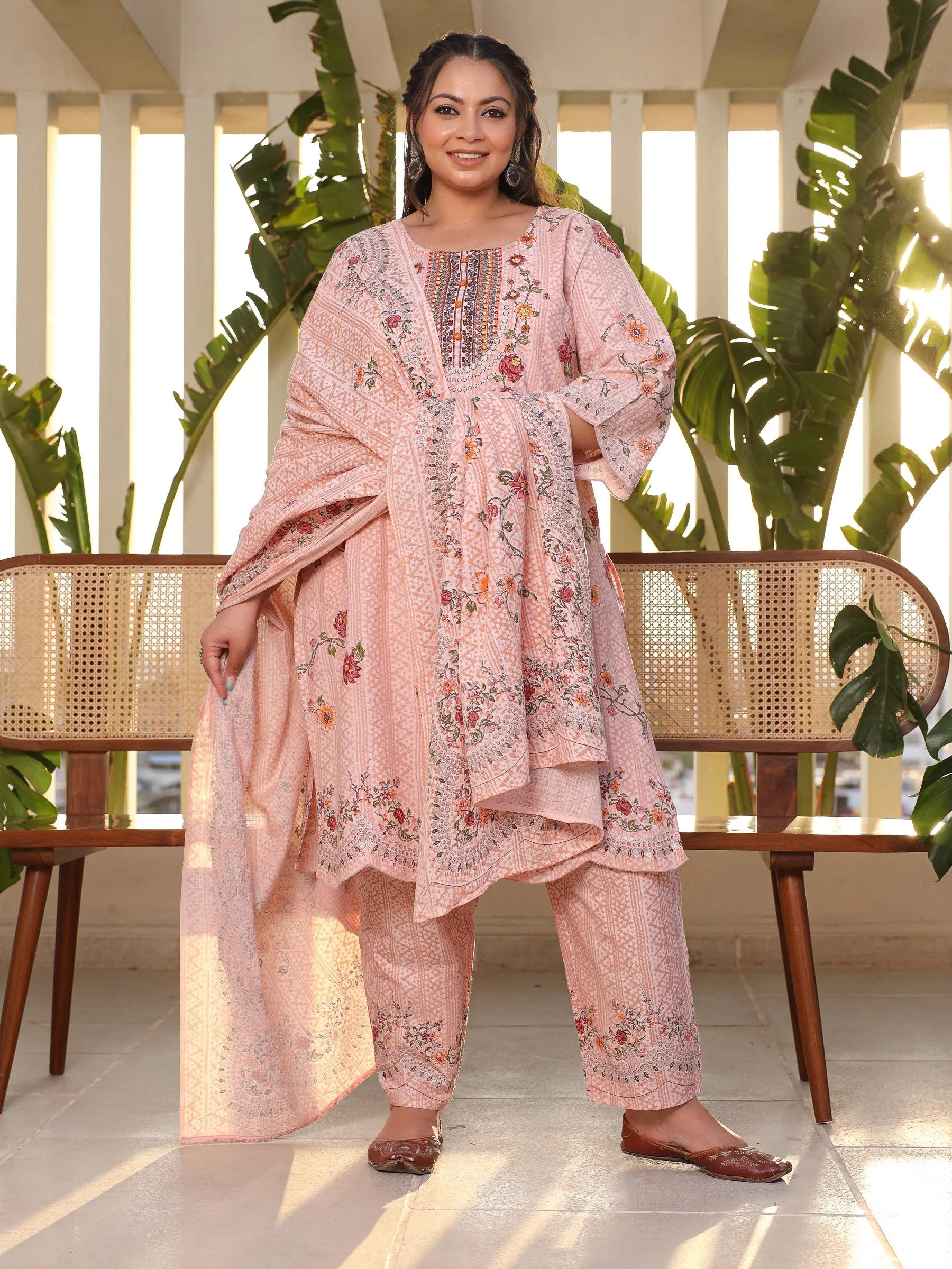 Jashvi Pink Floral & Ethnic Motif Printed Cotton Cambric Plus Size Kurta Pants & Dupatta Set With Beads & Sequins (3-Pcs)