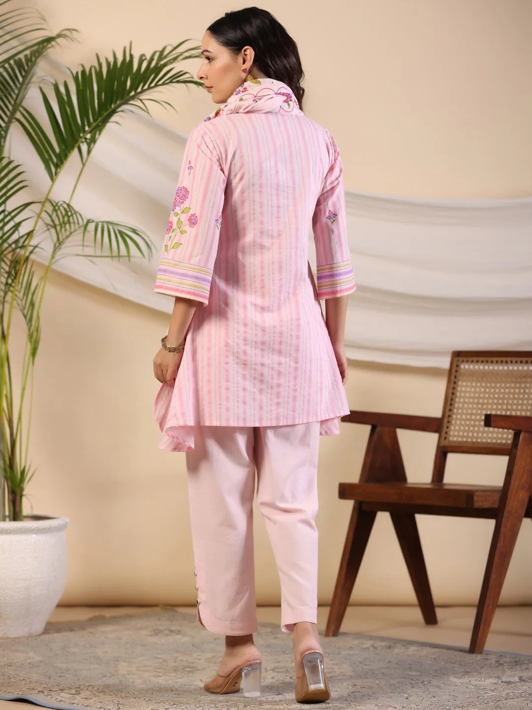 Jashvi Pink Floral Printed Pure Cotton Shirt Pant With Scarfs