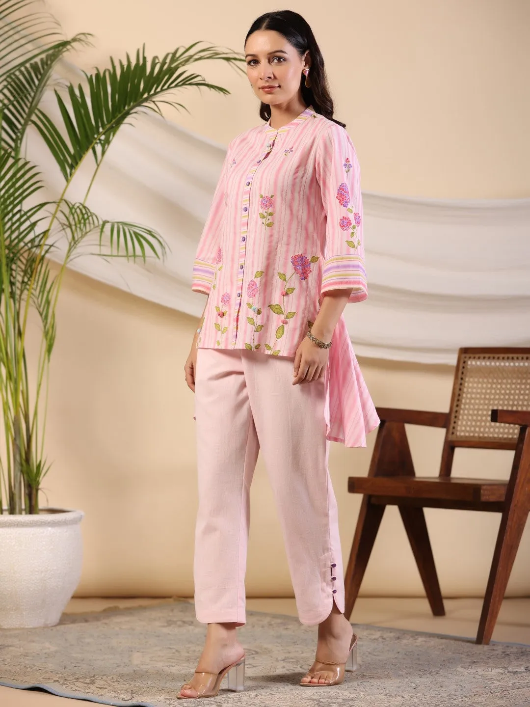 Jashvi Pink Floral Printed Pure Cotton Shirt Pant With Scarfs