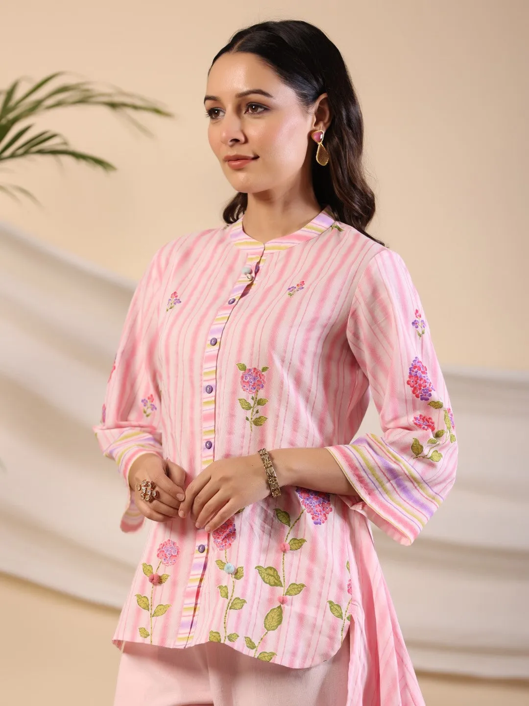 Jashvi Pink Floral Printed Pure Cotton Shirt Pant With Scarfs