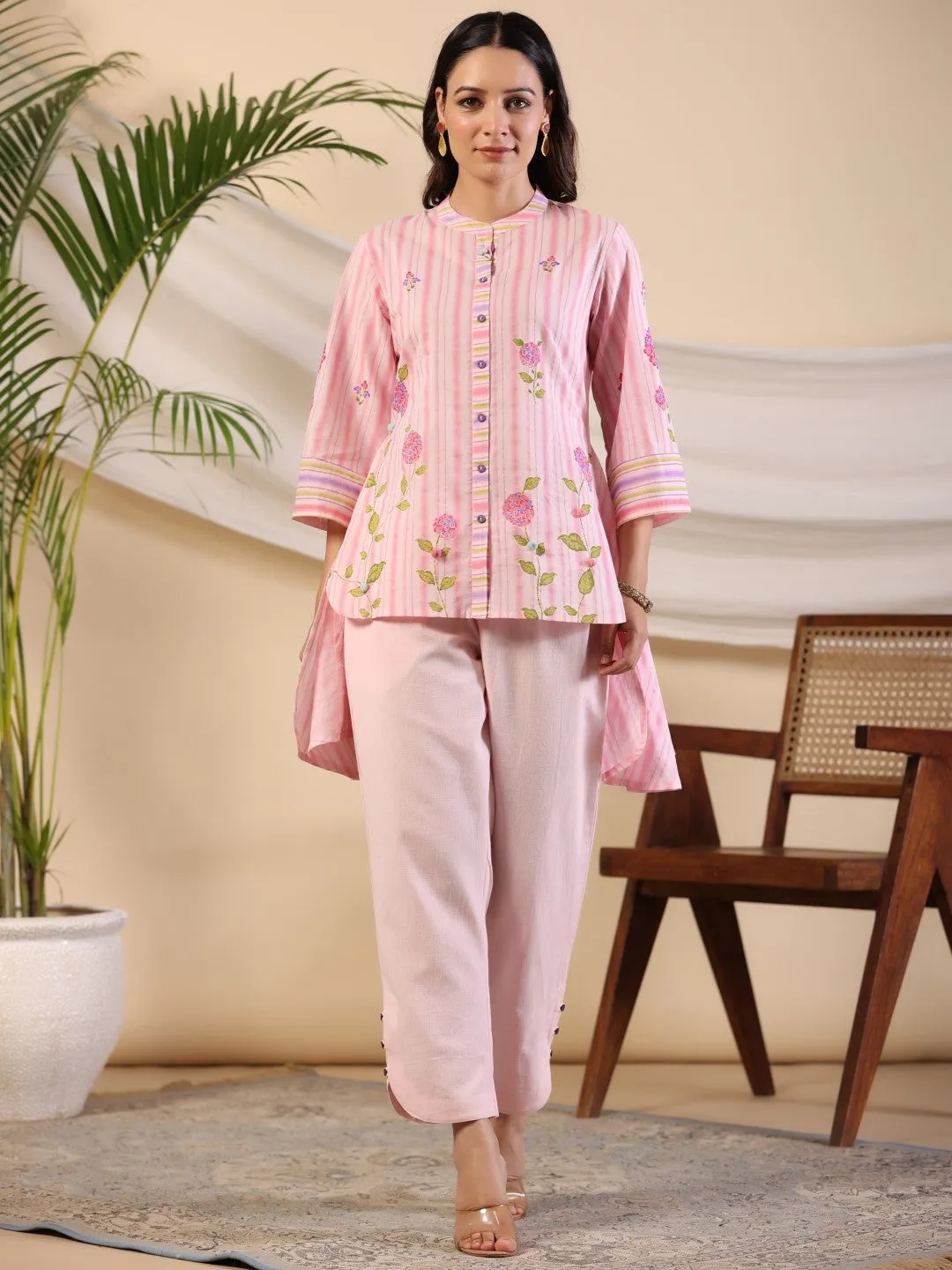 Jashvi Pink Floral Printed Pure Cotton Shirt Pant With Scarfs