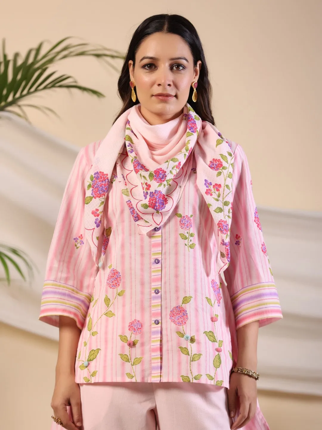 Jashvi Pink Floral Printed Pure Cotton Shirt Pant With Scarfs