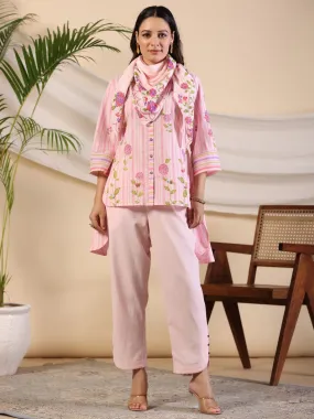 Jashvi Pink Floral Printed Pure Cotton Shirt Pant With Scarfs