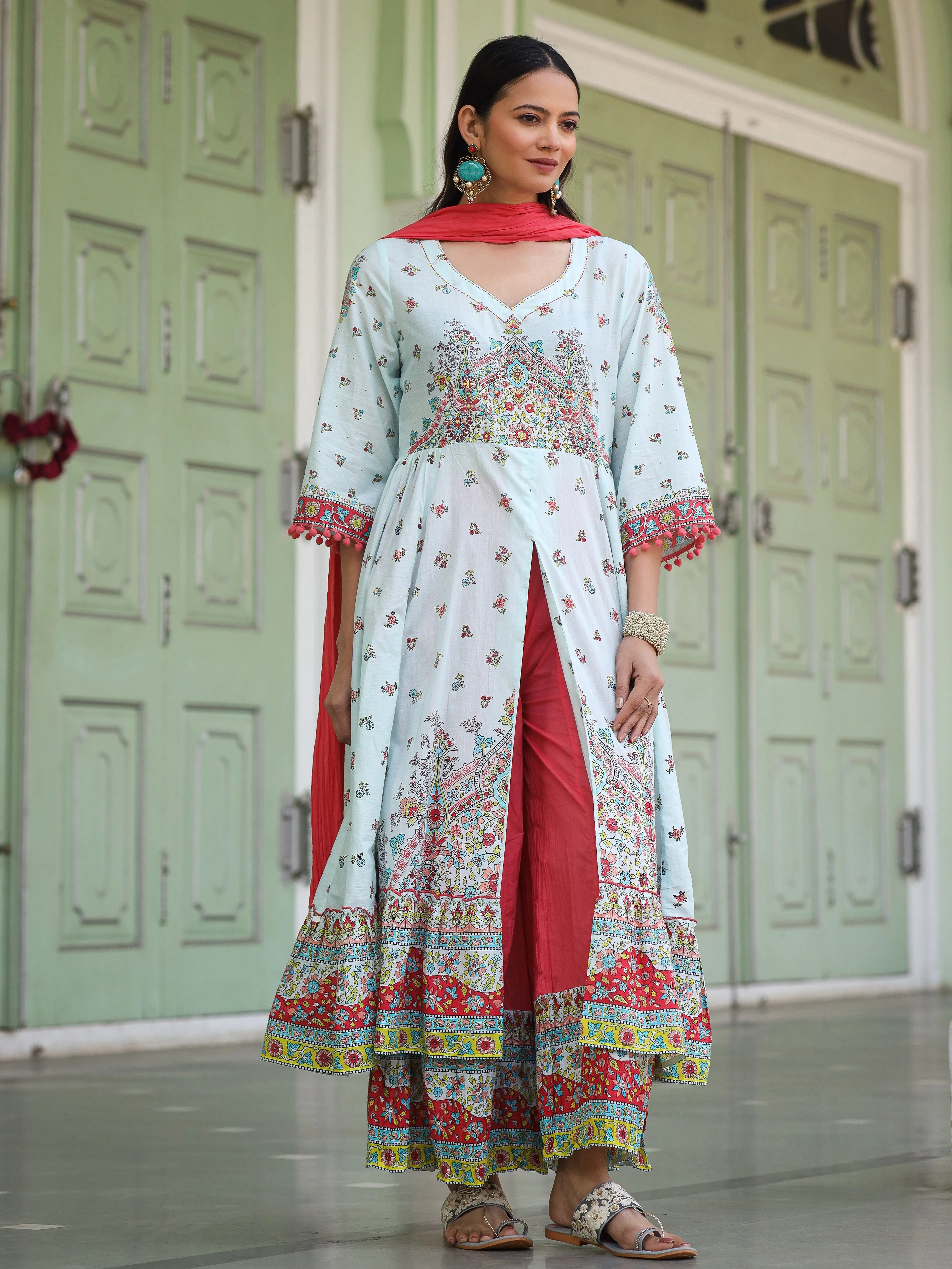 Jashvi Sky Blue Cotton Floral Printed Anarkali Kurta With Pants And Dupatta Set With Sequins & Beadwork