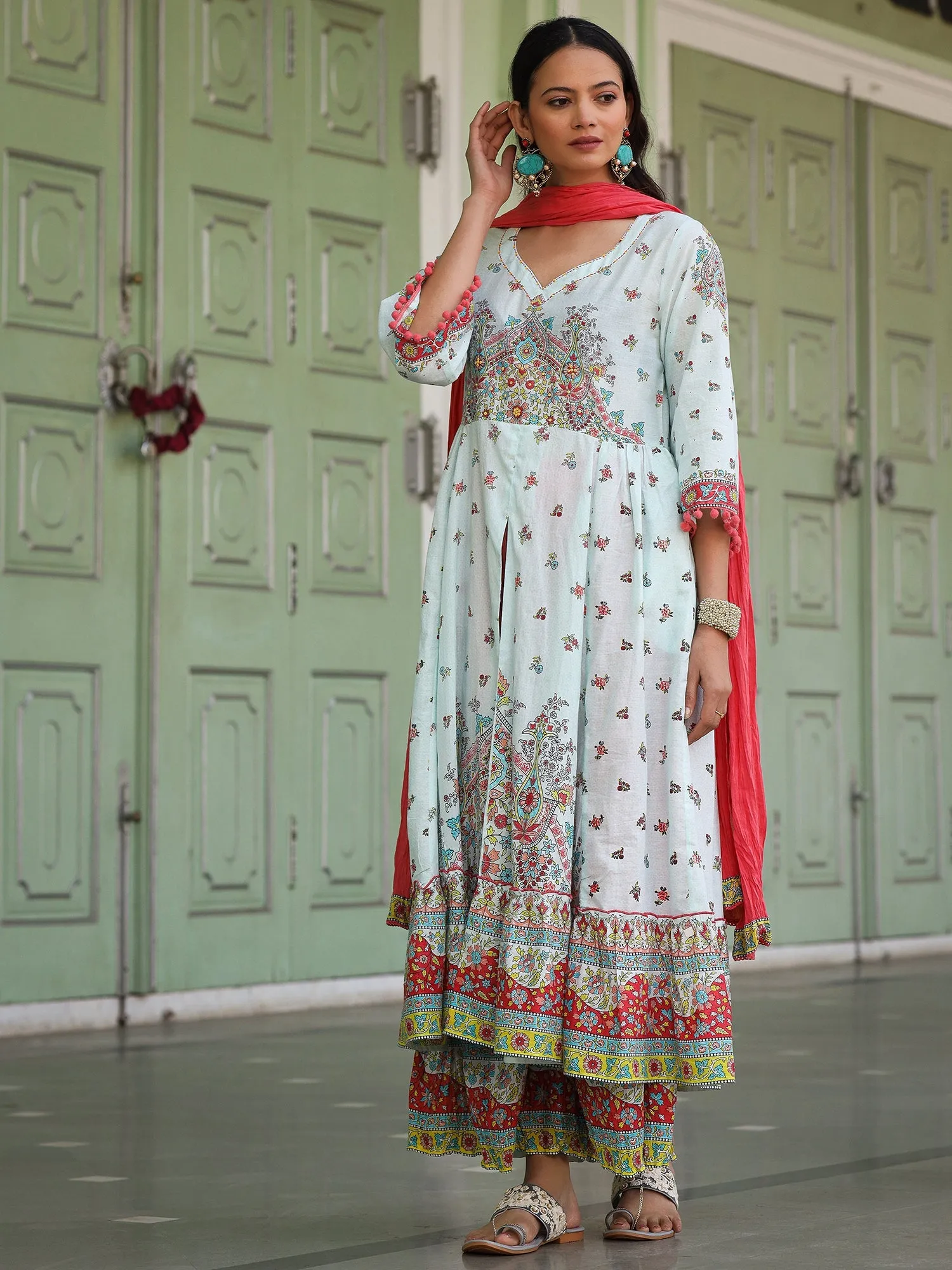 Jashvi Sky Blue Cotton Floral Printed Anarkali Kurta With Pants And Dupatta Set With Sequins & Beadwork