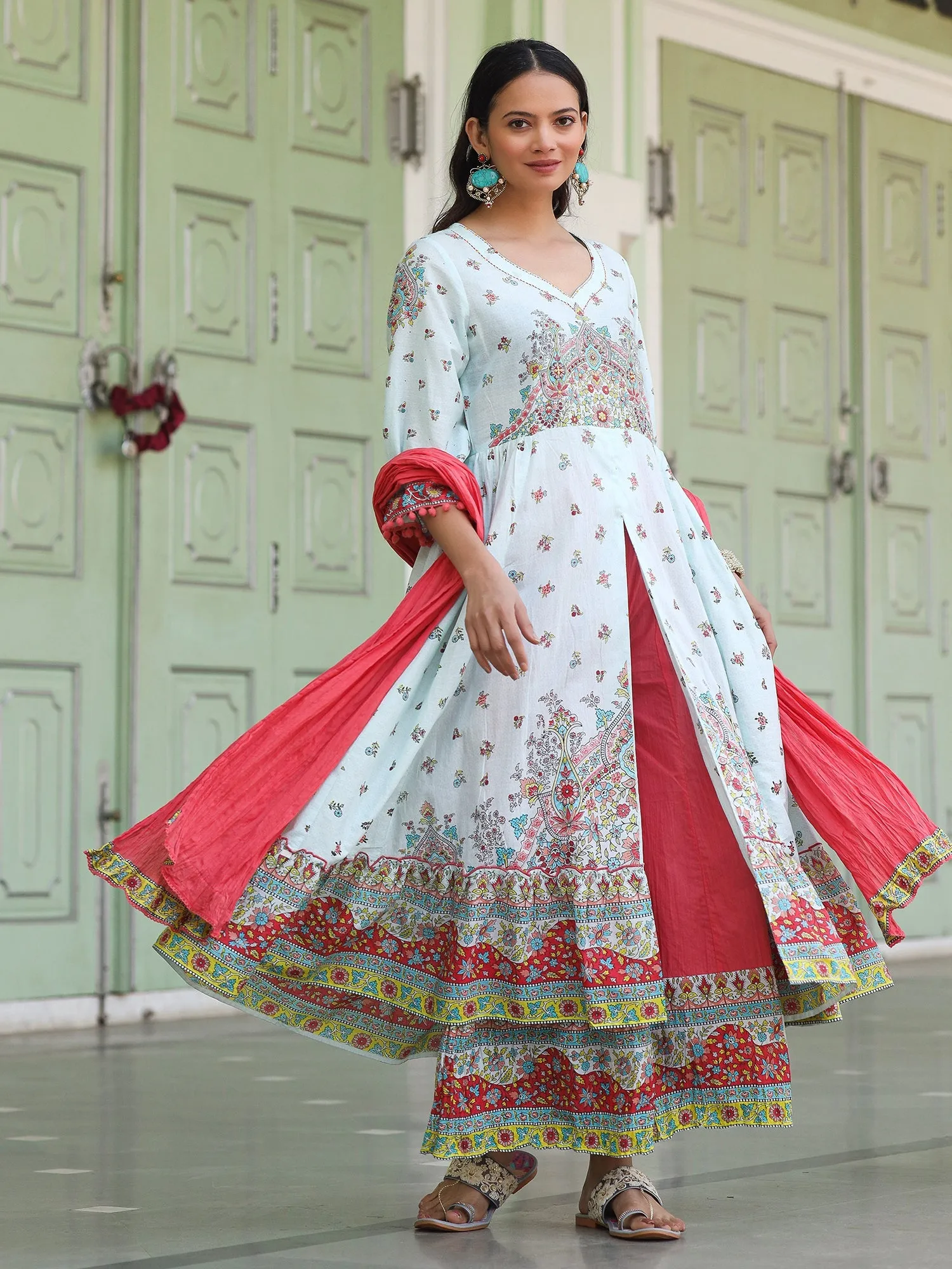 Jashvi Sky Blue Cotton Floral Printed Anarkali Kurta With Pants And Dupatta Set With Sequins & Beadwork