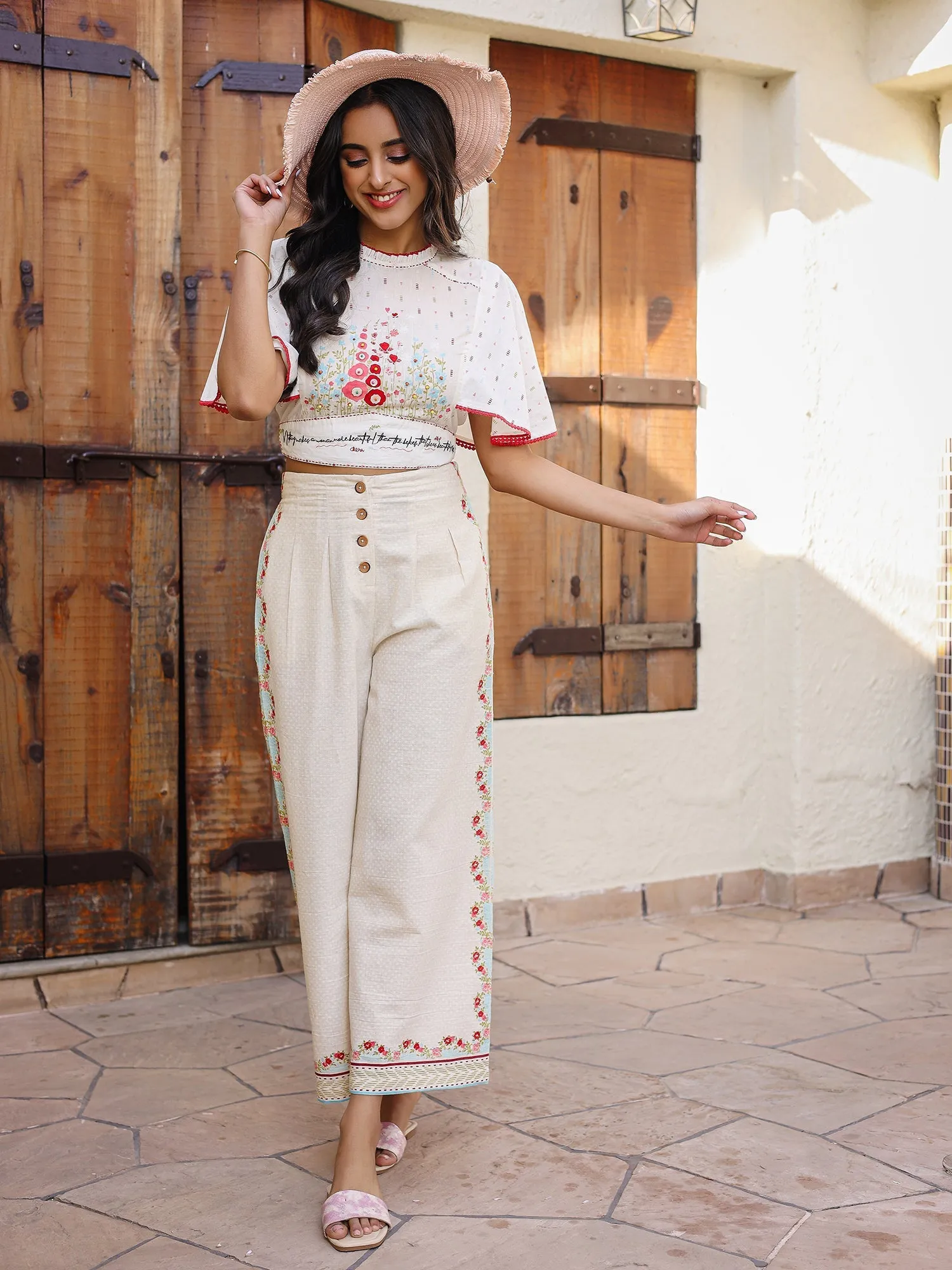 Jashvi White Floral Printed Pure Cotton Top & Pants Set With Thread Work