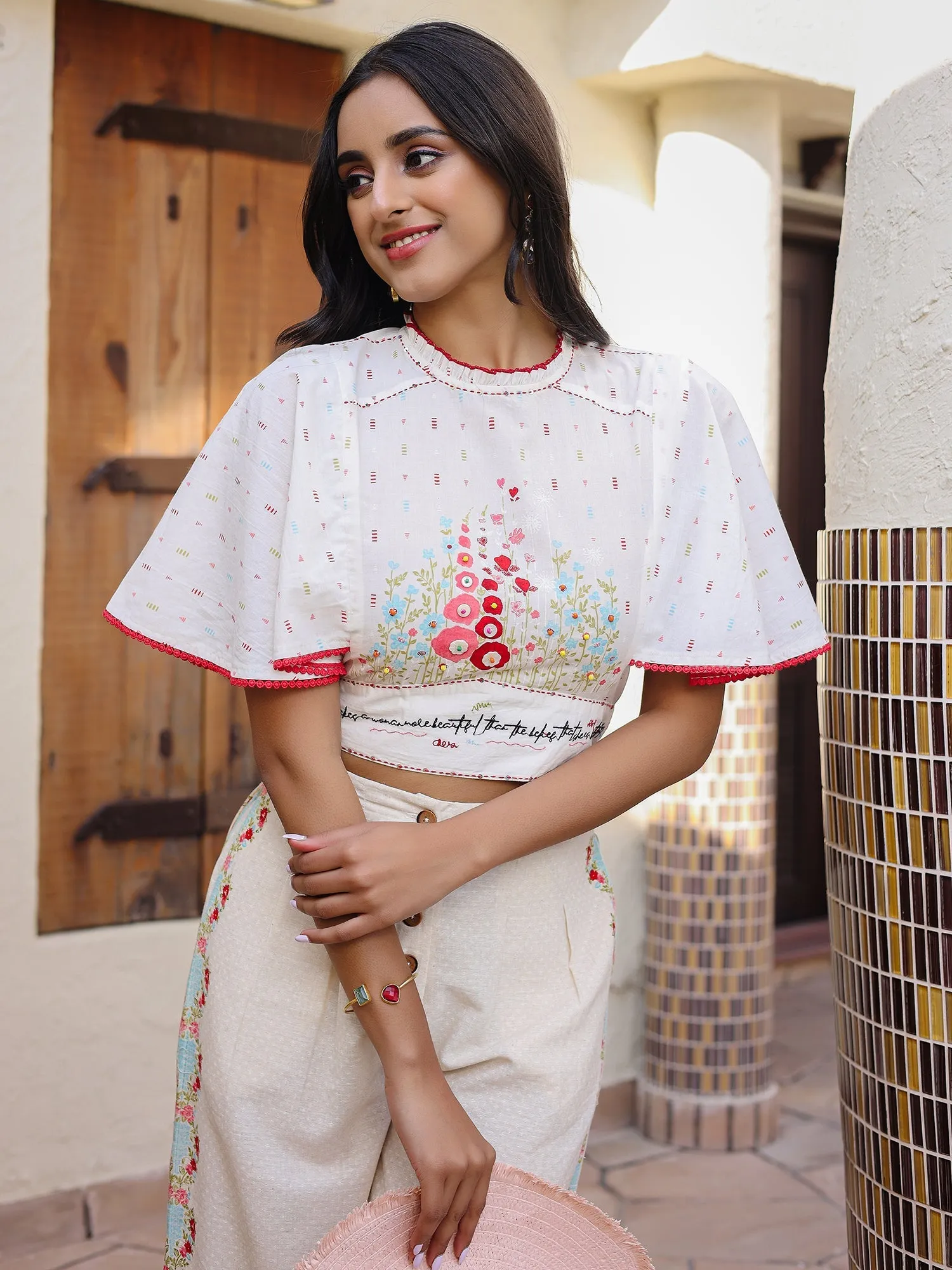 Jashvi White Floral Printed Pure Cotton Top & Pants Set With Thread Work