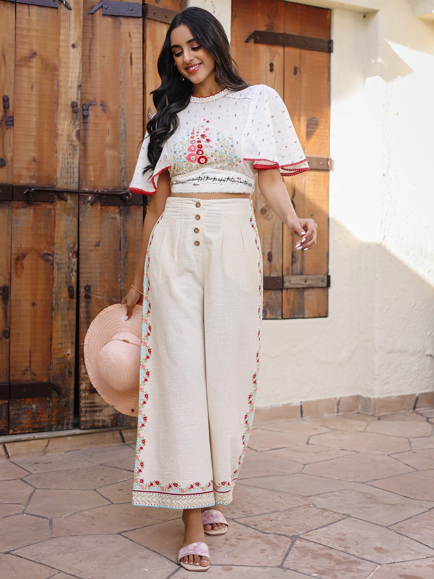 Jashvi White Floral Printed Pure Cotton Top & Pants Set With Thread Work