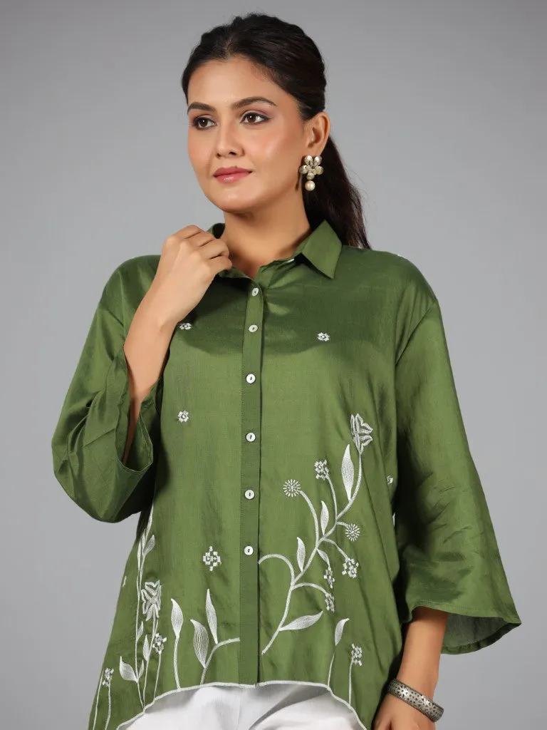 Jashvi Women Olive Chanderi Embroidered Clothing Set