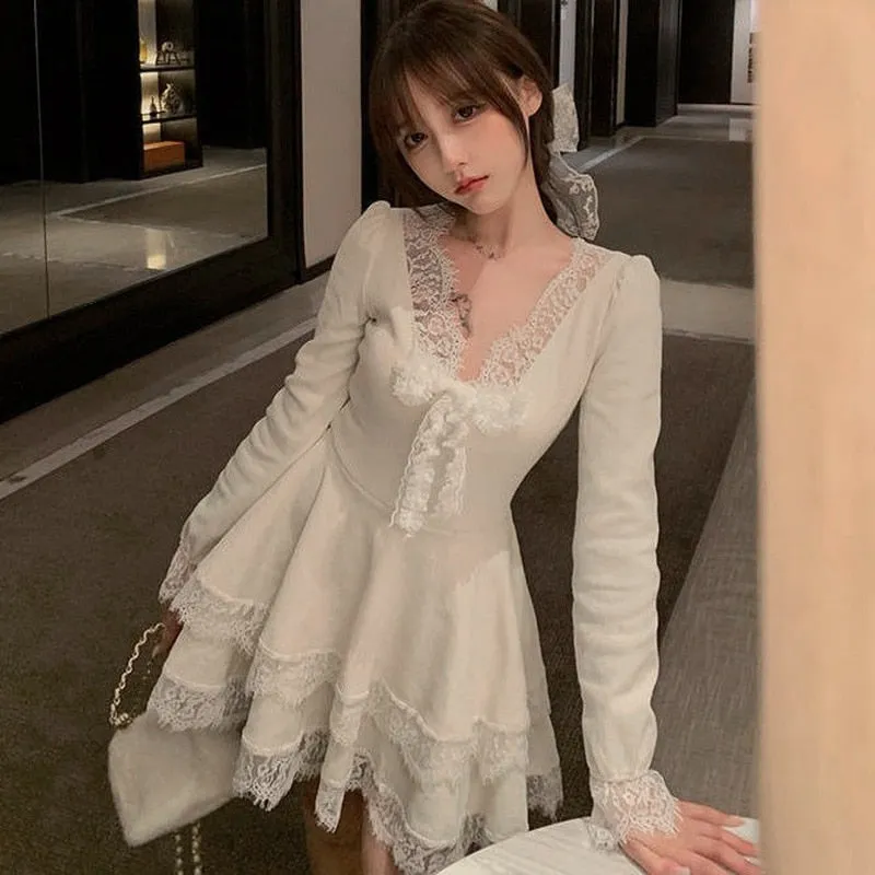 Joskaa hoco dresses Winter Lace Knit Mini Dress Women Casual Long Sleeve Kawaii One Piece Dress Korean 2024 Spring V-Neck Sweater Dress Female Cute