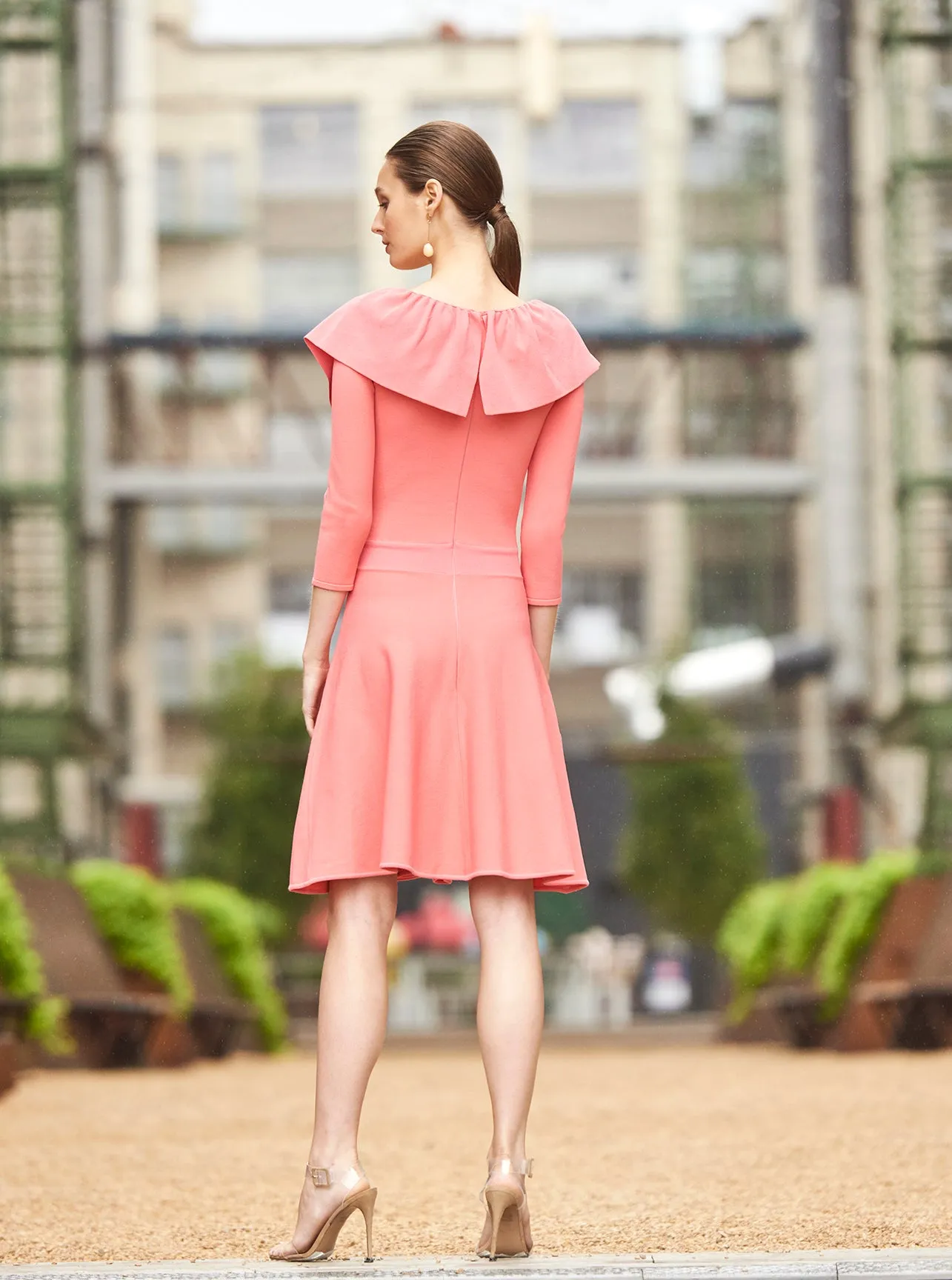 Kathryn - Stretch Knit Ruffle V Neck Dress