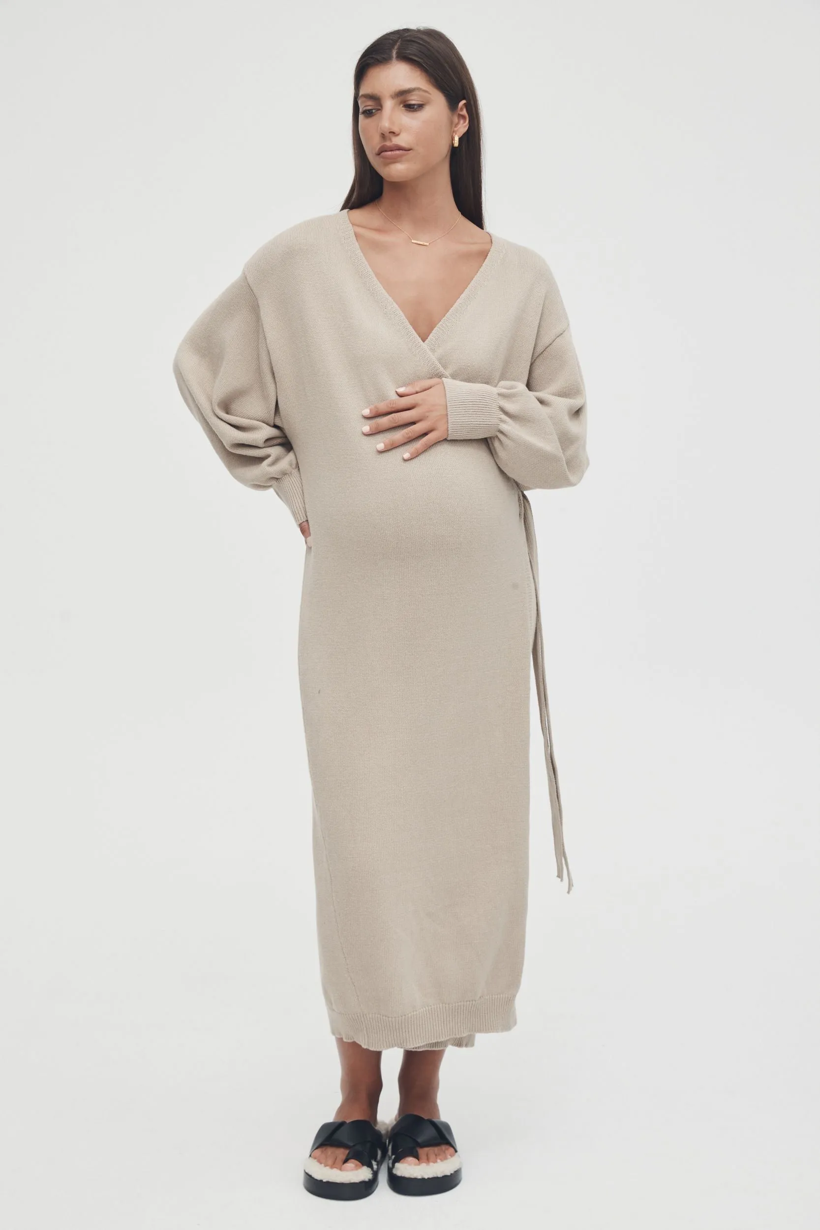 Knit Cotton Wrap Dress (Wheat)