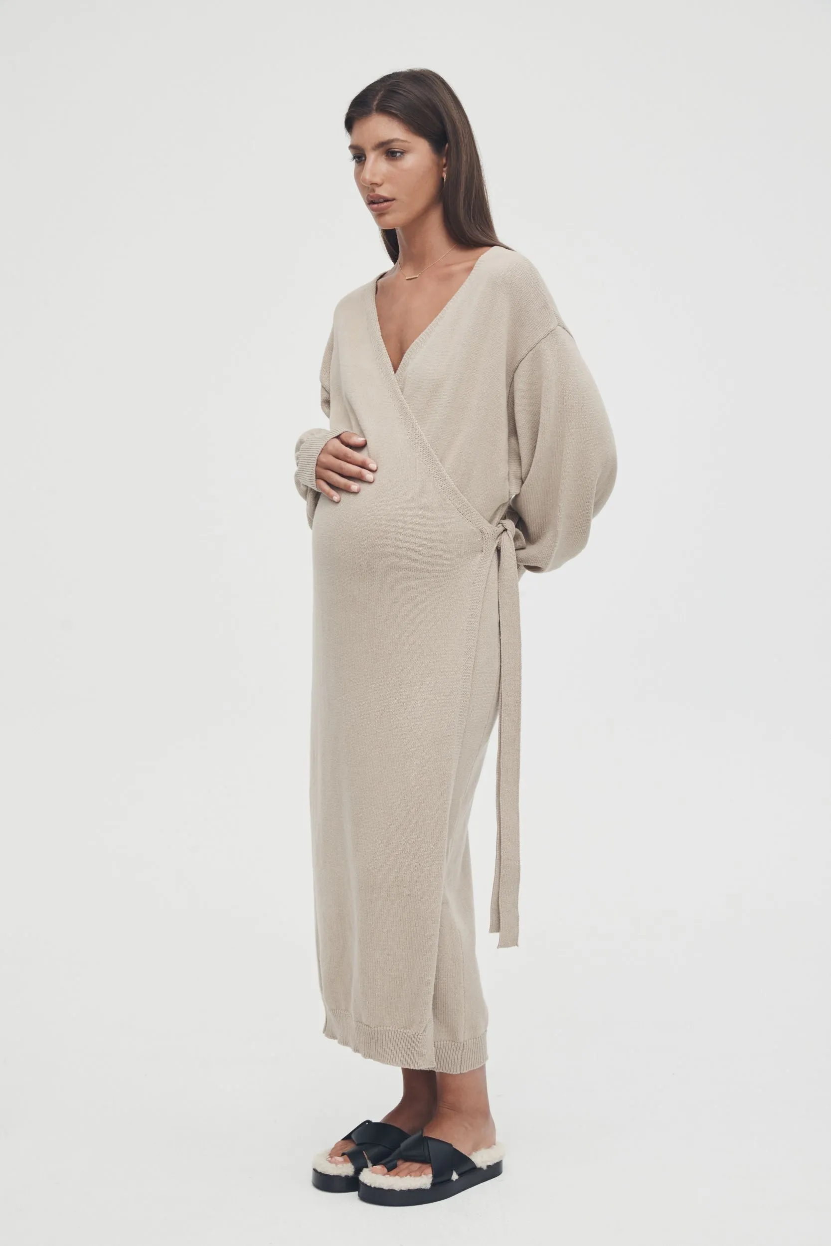 Knit Cotton Wrap Dress (Wheat)