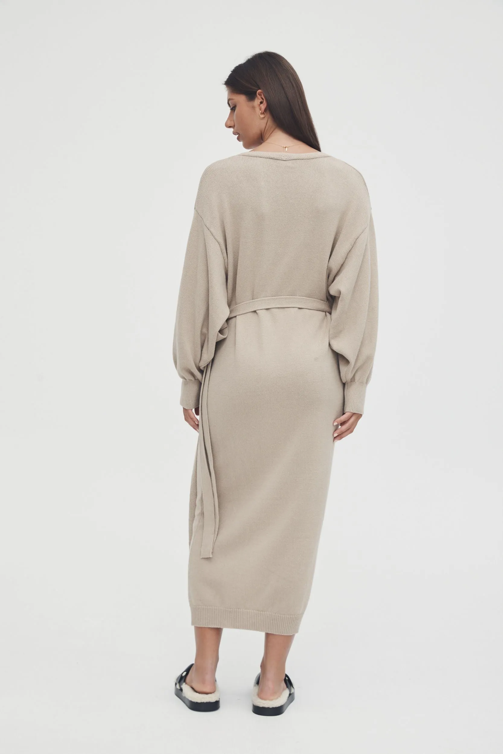 Knit Cotton Wrap Dress (Wheat)