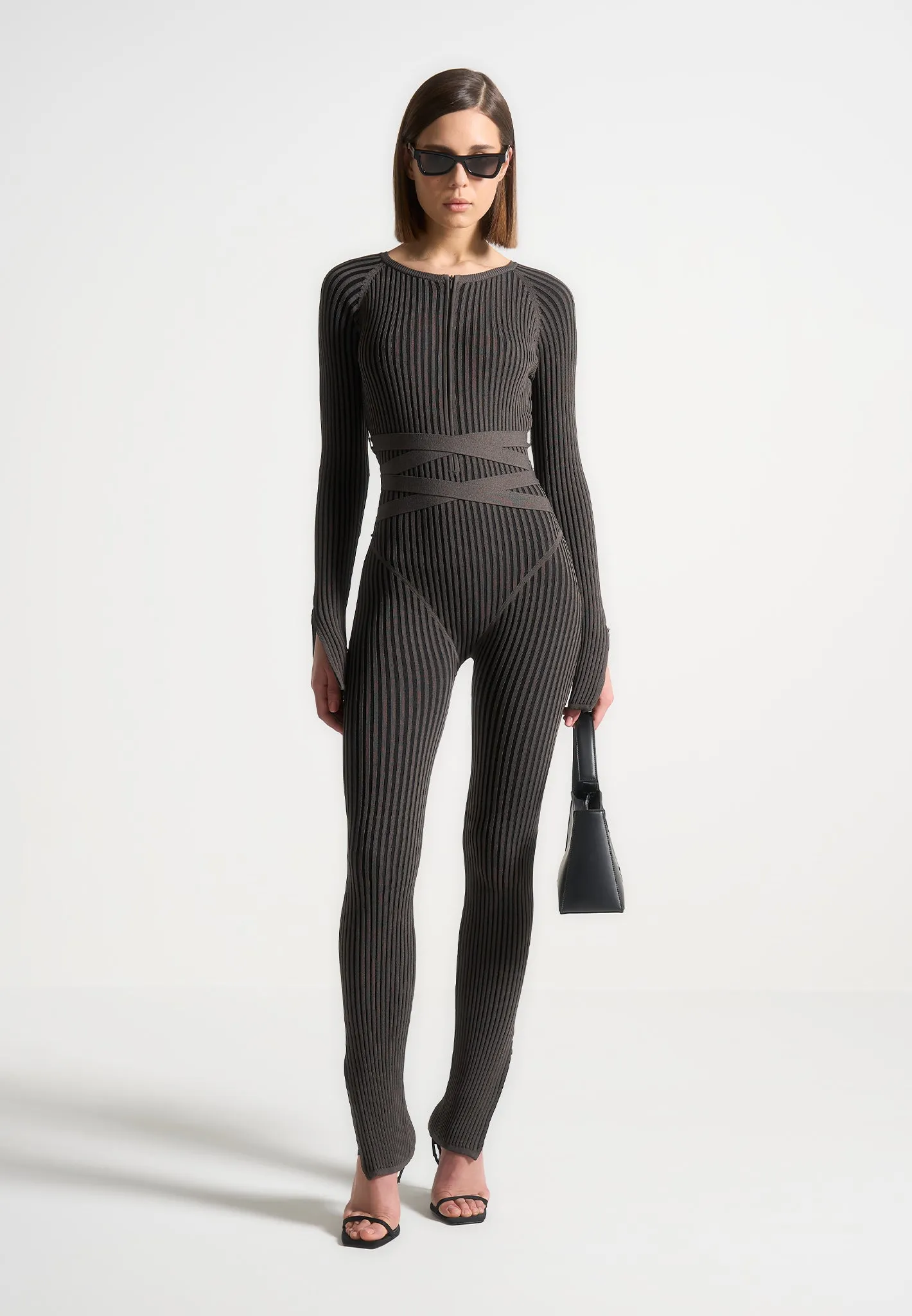 Knitted Two Tone Jumpsuit with Belt - Grey/Black